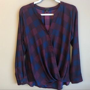 Navy and Burgundy Ann Taylor cross front blouse
